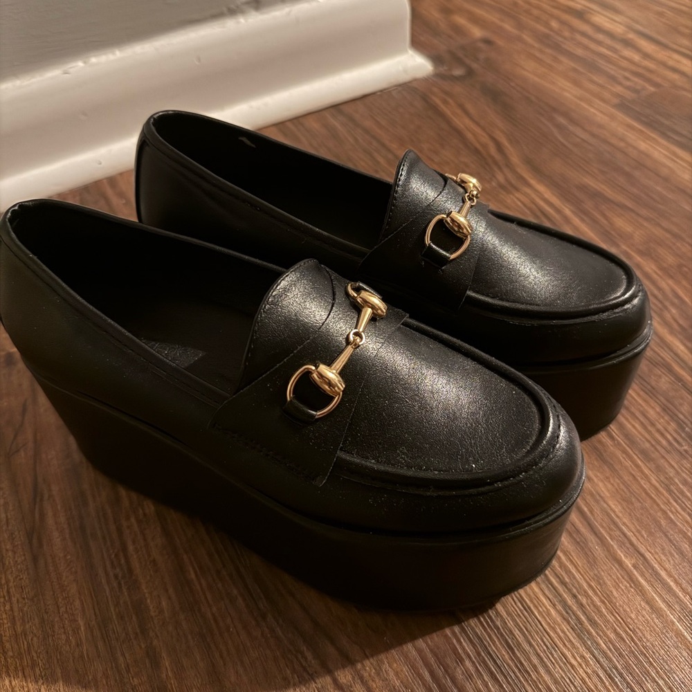 JustFab Black Platform Loafers with Gold Accents